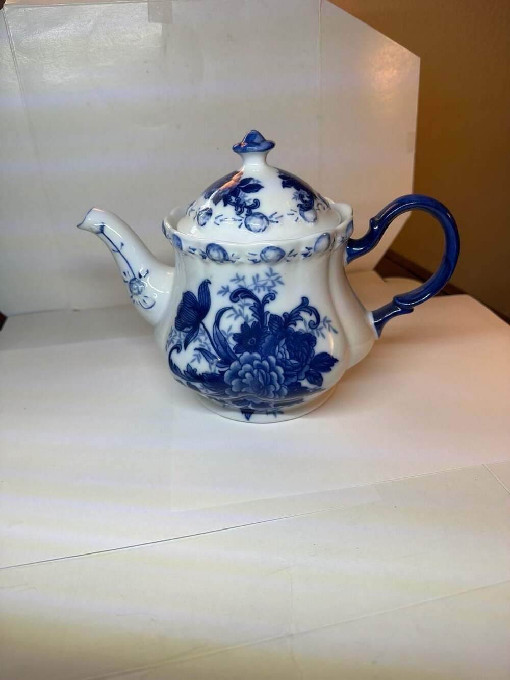 Blue Danube Blue and White Floral Porcelain Teapot with Cobalt Blue Handle